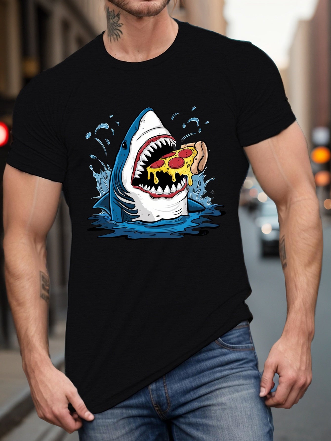 Men's Summer T-Shirt - Casual Short Sleeve Tee, Shark with Pizza Graphic