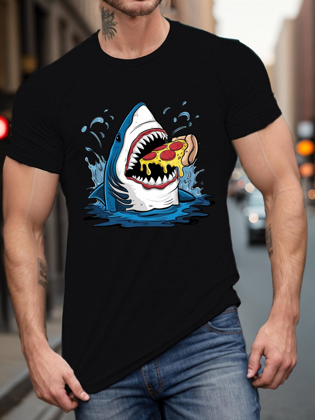 Men's Summer T-Shirt - Casual Short Sleeve Tee, Shark with Pizza Graphic