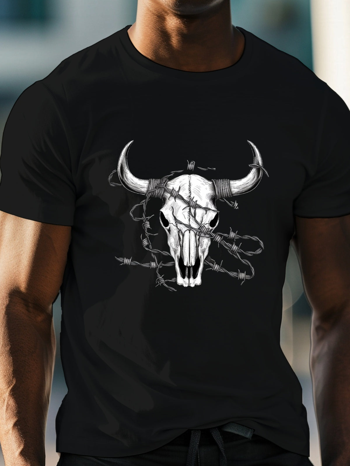 Men's Bull Skull Graphic T-Shirt - Casual Crew Neck Tee for Summer