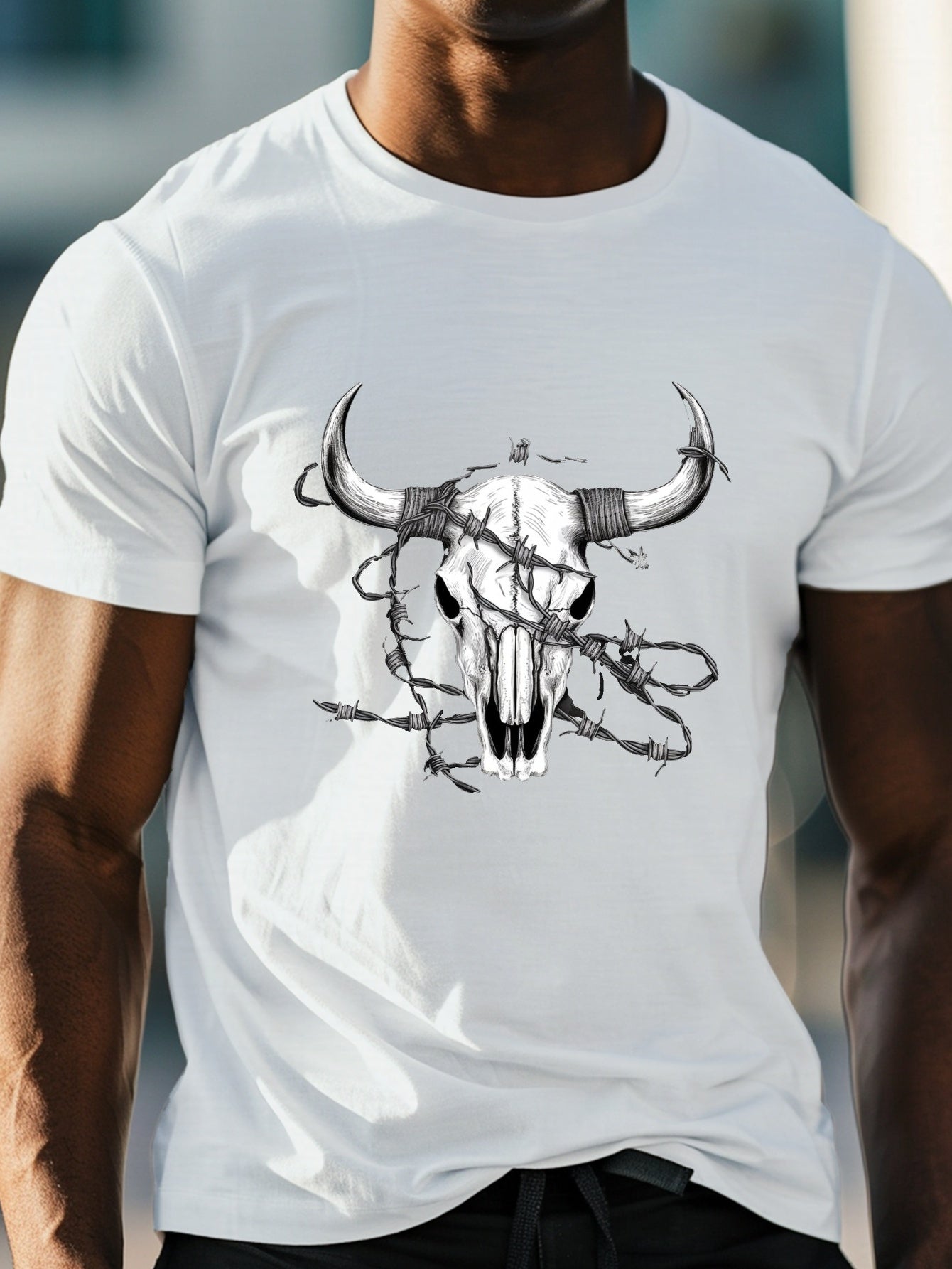 Men's Bull Skull Graphic T-Shirt - Casual Crew Neck Tee for Summer