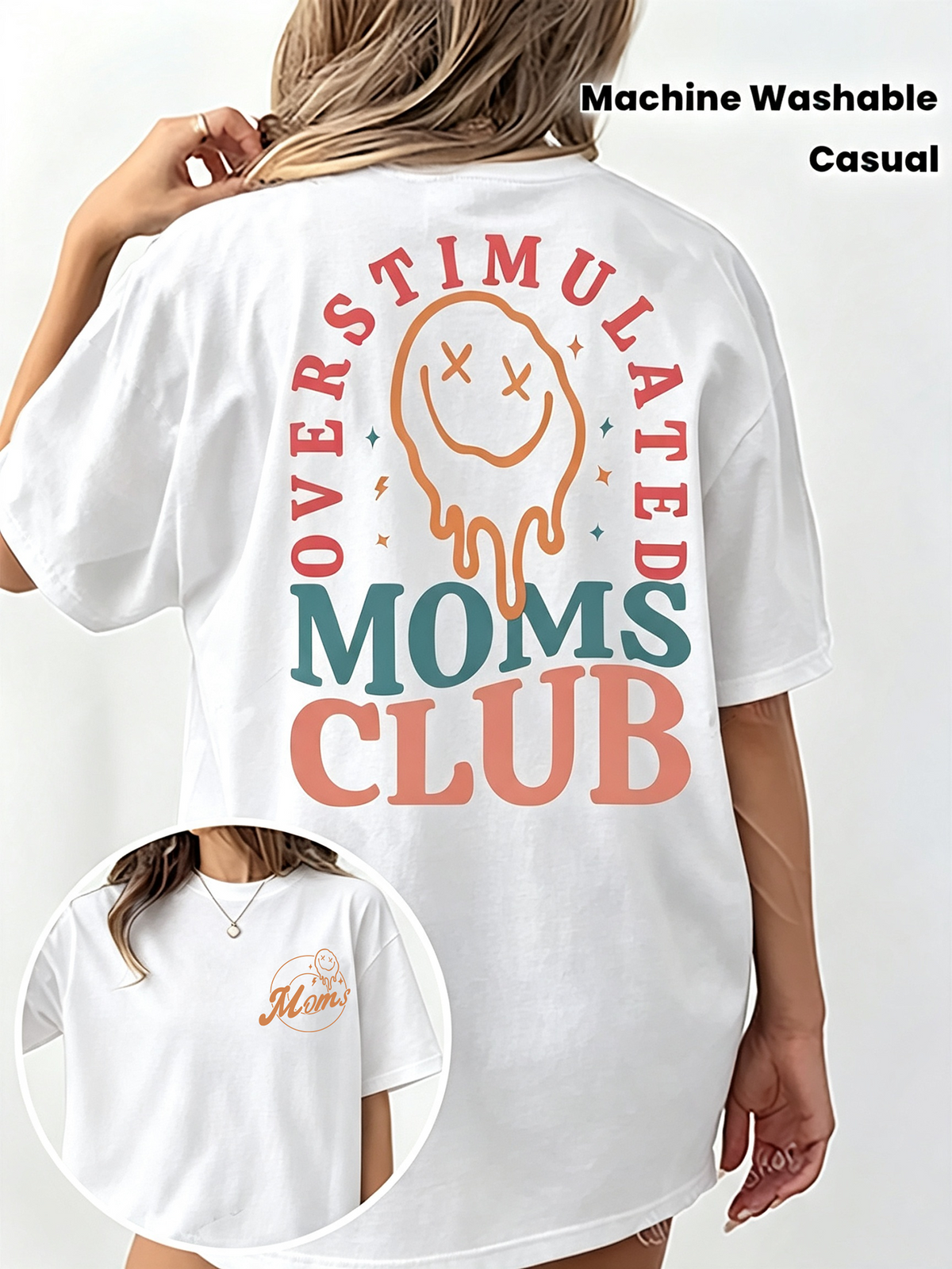 Overstimulated Moms Club Drip Smile Face Double Sided T-Shirt, Vintage Groovy Casual Crewneck Top For Busy Mothers Daily Casual Wear
