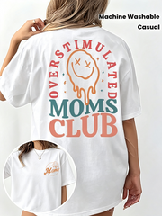 Overstimulated Moms Club Drip Smile Face Double Sided T-Shirt, Vintage Groovy Casual Crewneck Top For Busy Mothers Daily Casual Wear