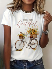 grateful flowers bike beautiful life graphic print t-shirt, short sleeve crew neck casual top for Women's 100%Cotton，soft and comfortable