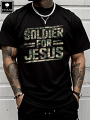 Men's Christian Graphic T-Shirt, Soldier for Jesus Faith Print, Heavy Cotton Crew Neck Short Sleeve Tee, Inspirational Religious Casual Shirt, Everyday Wear