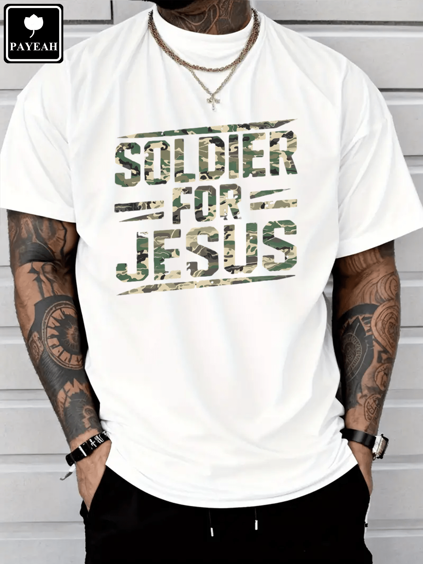 Men's Christian Graphic T-Shirt, Soldier for Jesus Faith Print, Heavy Cotton Crew Neck Short Sleeve Tee, Inspirational Religious Casual Shirt, Everyday Wear