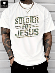 Men's Christian Graphic T-Shirt, Soldier for Jesus Faith Print, Heavy Cotton Crew Neck Short Sleeve Tee, Inspirational Religious Casual Shirt, Everyday Wear