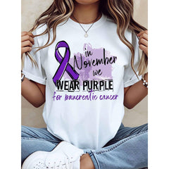 Women Casual Short Sleeve T Shirt In November We Wear Purple For Pancreatic Cancer Awareness Ribbon Graphic Digital Print Daily Wear
