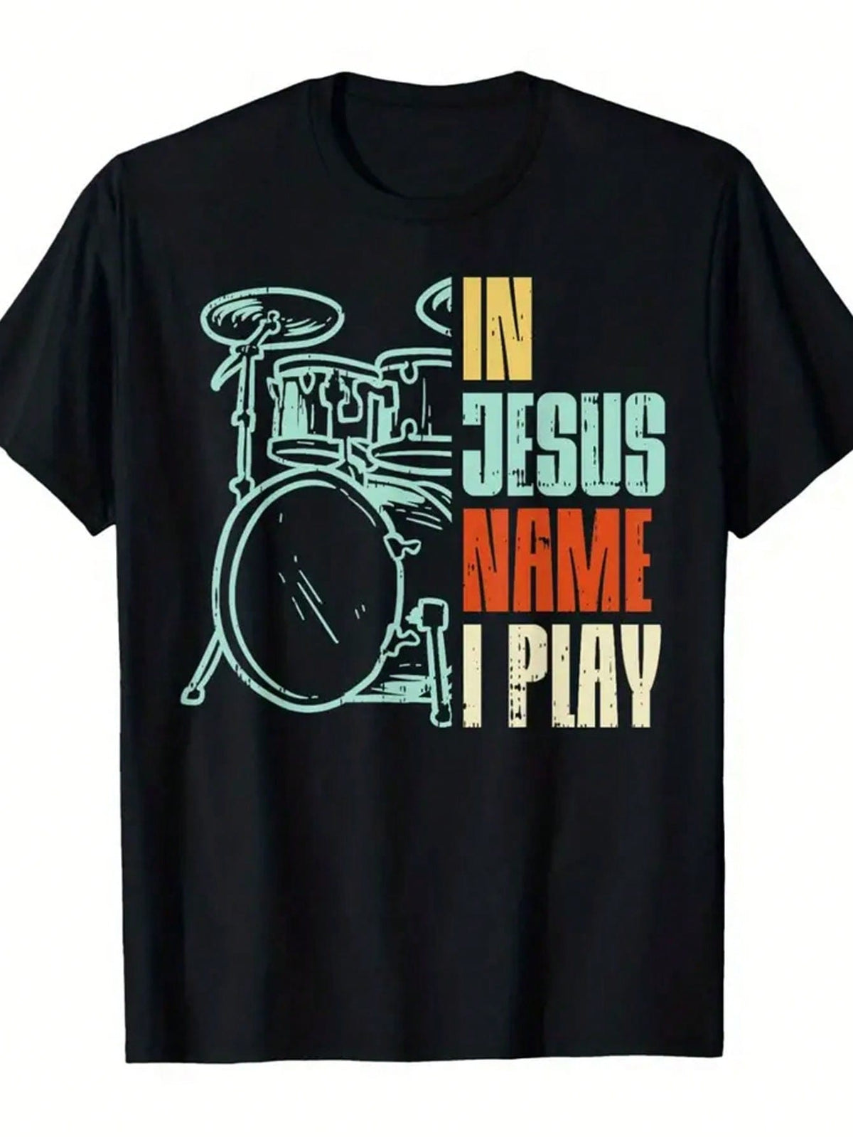 Men's Christian Drummer Graphic T-Shirt, In Jesus Name I Play Faith Music Tee, Cotton Crew Neck Short Sleeve Shirt, Worship Band Praise Team Gift, Casual Summer Top