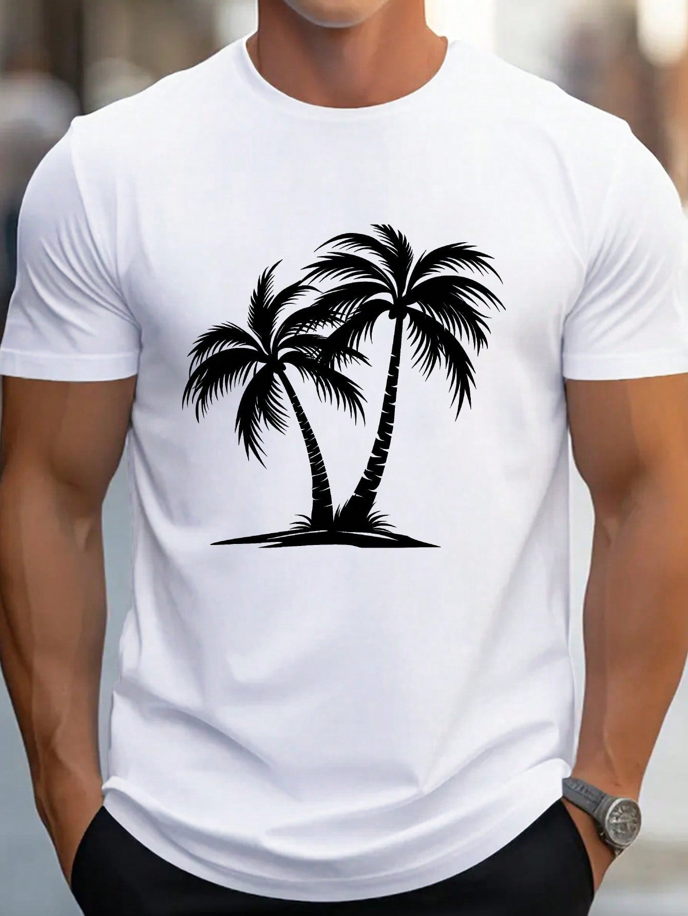 Palm Trees Printing T-Shirt, Men's Short-Sleeved Crew-Neck T-Shirts, Men's Gifts, Everyday Wear And Casual Style T-Shirts