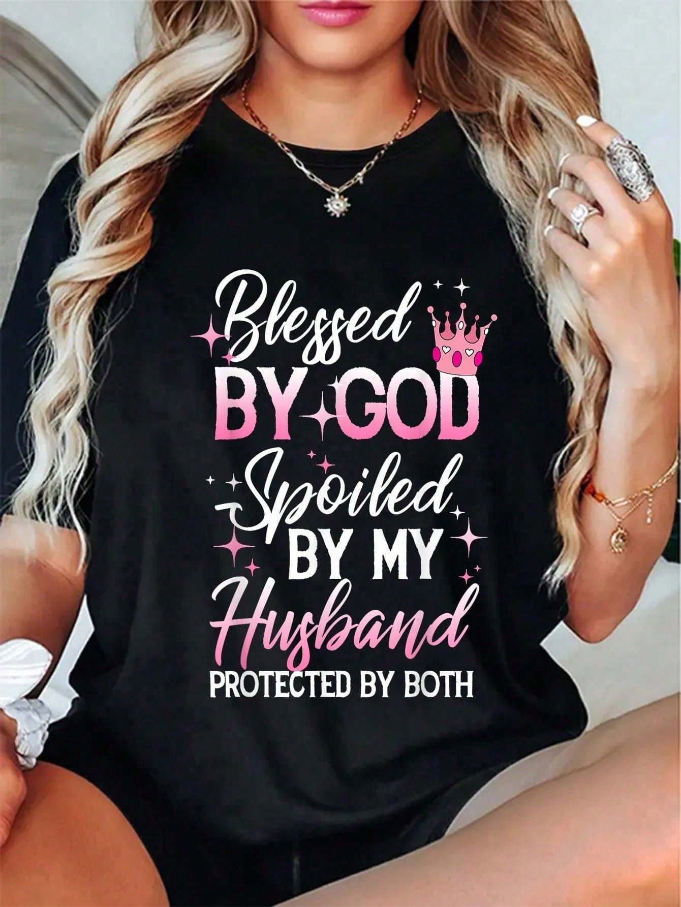 Christian Wife Graphic T-Shirt for Women, Blessed by God Spoiled by My Husband Faith Quote Tee, Religious Crew Neck Short Sleeve Shirt, Inspirational Christian Gift, Casual Everyday Wear