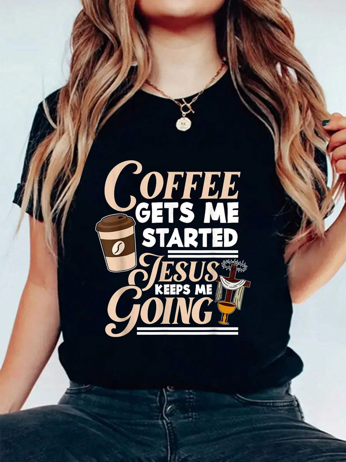 Women's Christian Coffee Graphic T-Shirt, Coffee Gets Me Started Jesus Keeps Me Going Faith Print, Crew Neck Short Sleeve Inspirational Casual Tee