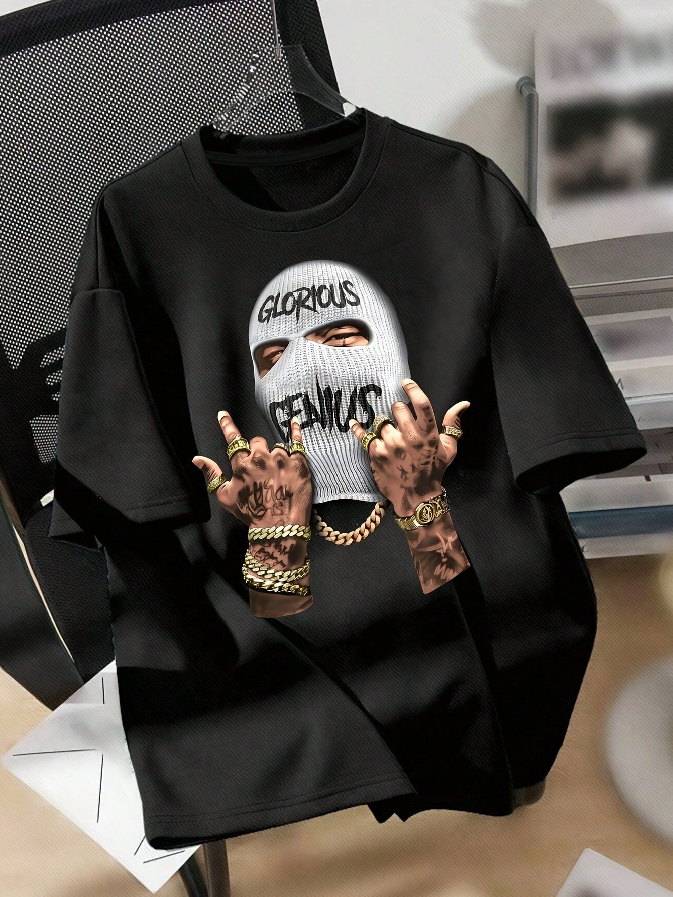Men's Fashion Masked Person Print Round Neck Short Sleeve T-Shirt