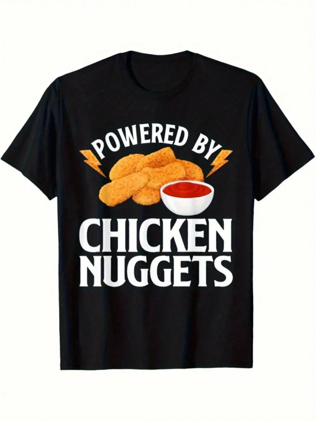 TShirt With The Words POWERED BY CHICKEN NUGGET, Round Neck TShirt, Fashionable Short Sleeved TShirt Round Neck Short Sleeved Top
