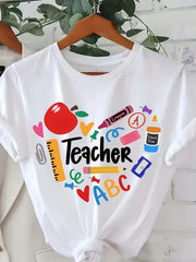 Women's Round Neck Short Sleeve Casual Loose Teacher Supplies Print T-Shirt