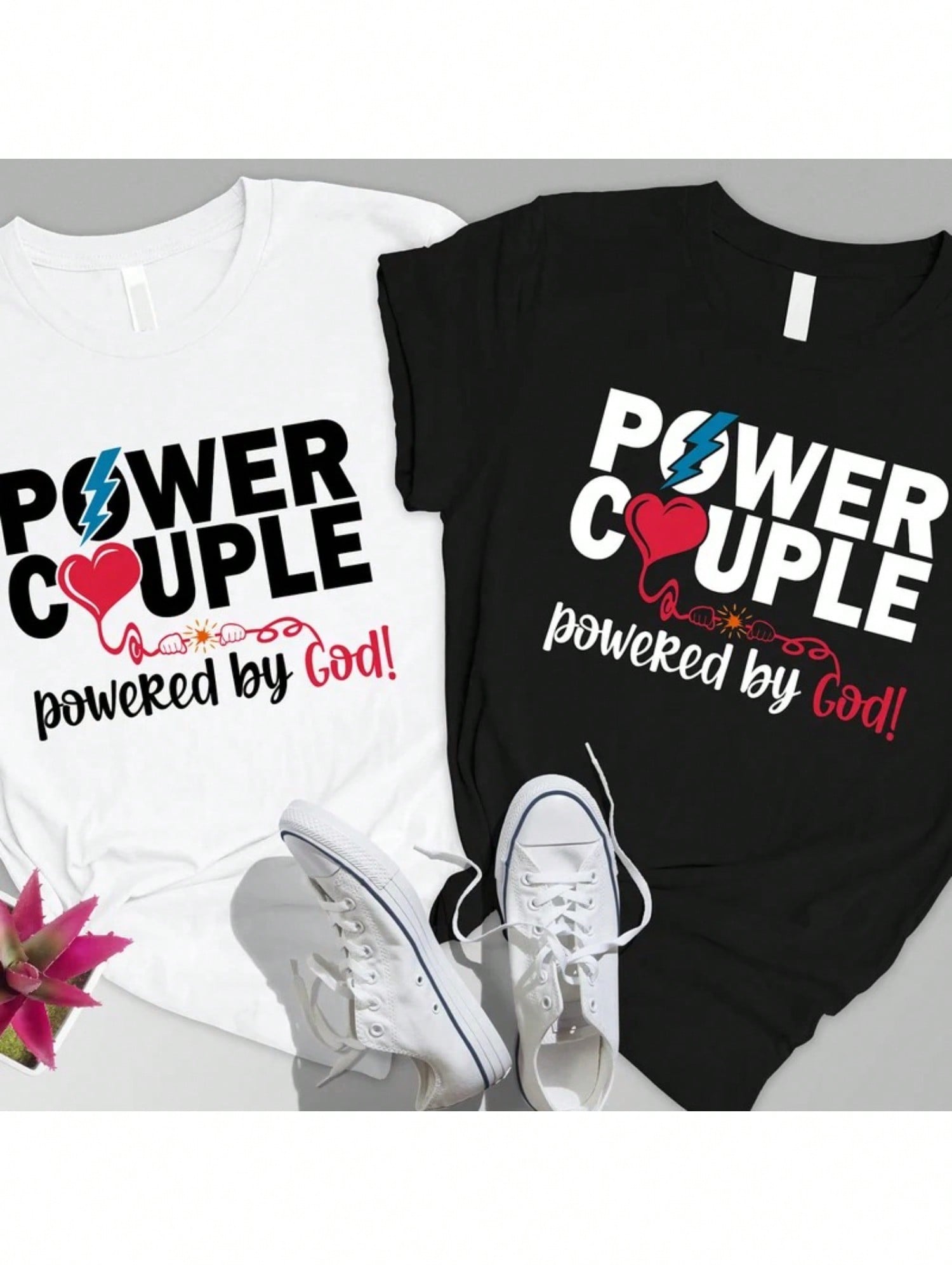 Christian Couple Graphic T-Shirt, Power Couple Powered by God Faith Print Crew Neck Short Sleeve Casual Matching Shirt for Him and Her, Religious Gift