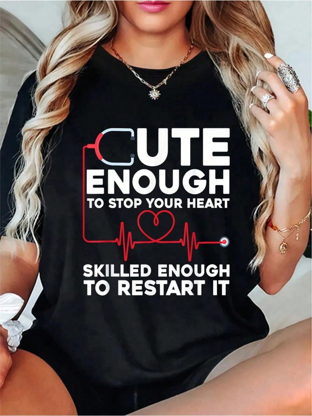 Women's Cute Enough To Stop Your Heart Nurse Graphic T-Shirt, Casual Short Sleeve Crew Neck Medical Worker Tee