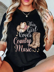100% Cotton This Girl Loves Country Music T-Shirt Round Neck Short Sleeve T-Shirt WOMEN'S MEN'S Graphic Tee