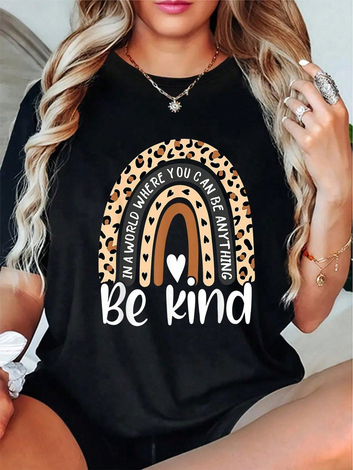100% Cotton Be Kind Boho Leopard Rainbow Kindness Inspirational Cute T-Shirt