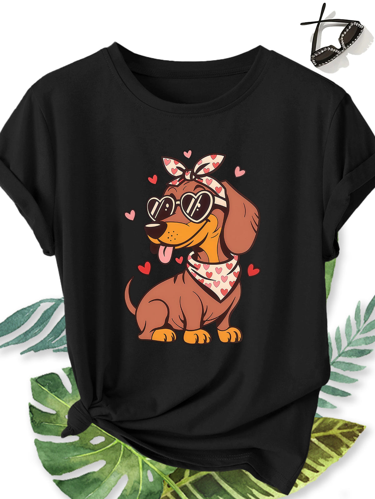 Cute Dachshund Tee Heart Glasses Bandana Dog Graphic Shirt