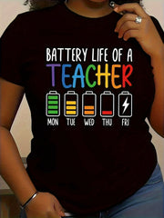 Women's Teacher Battery Life Graphic T-Shirt, Funny Teacher Crew Neck Short Sleeve Casual Tee, Back to School Teacher Appreciation Gift