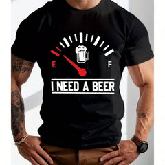 Men's Beer Lover Graphic T-Shirt, Funny Fuel Gauge Beer Print Casual Crew Neck Short Sleeve Tee, Comfortable Everyday Shirt, Gift for Dad, Husband or Friends