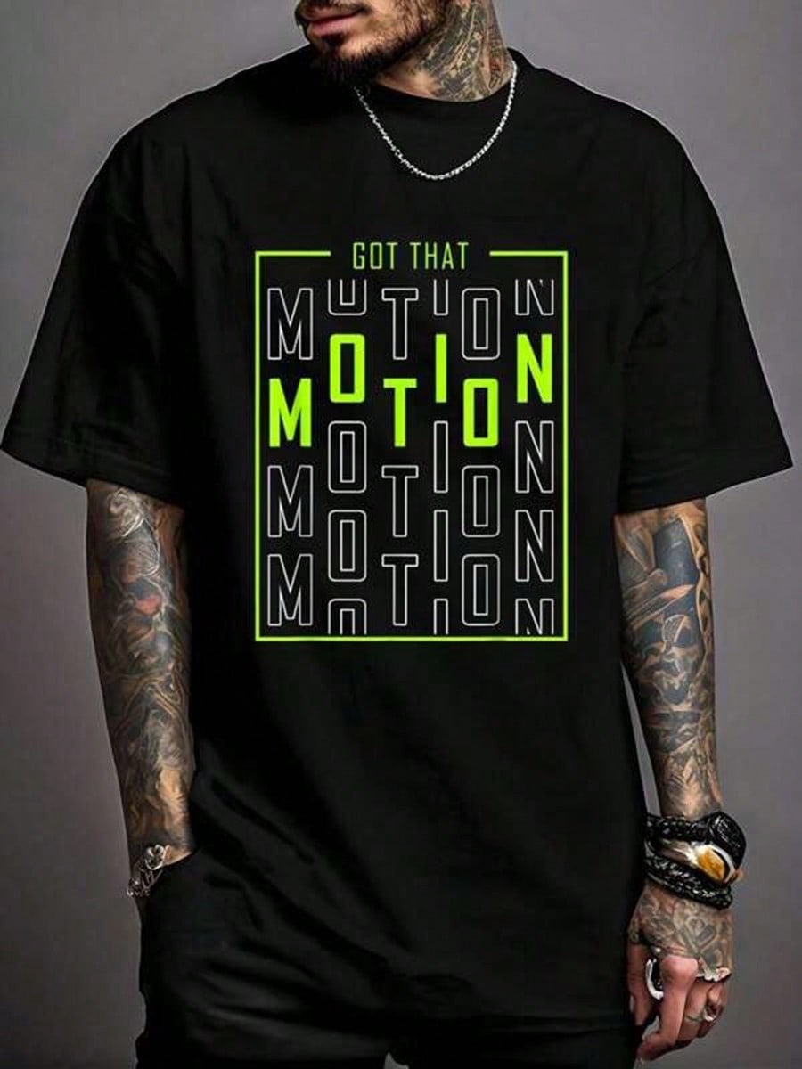 Men's Streetwear Typography Graphic T-Shirt, Stay In Motion Letter Print Crew Neck Short Sleeve Casual Tee, Soft Breathable Everyday Shirt for Travel, Workout, Street Style and Daily Wear