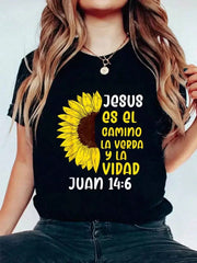 Women's Spanish Christian Bible Verse T-Shirt, Jesus Es El Camino Juan 14:6 Sunflower Graphic Tee, Faith Inspirational Crew Neck Short Sleeve Cotton Shirt, Religious Gift for Women