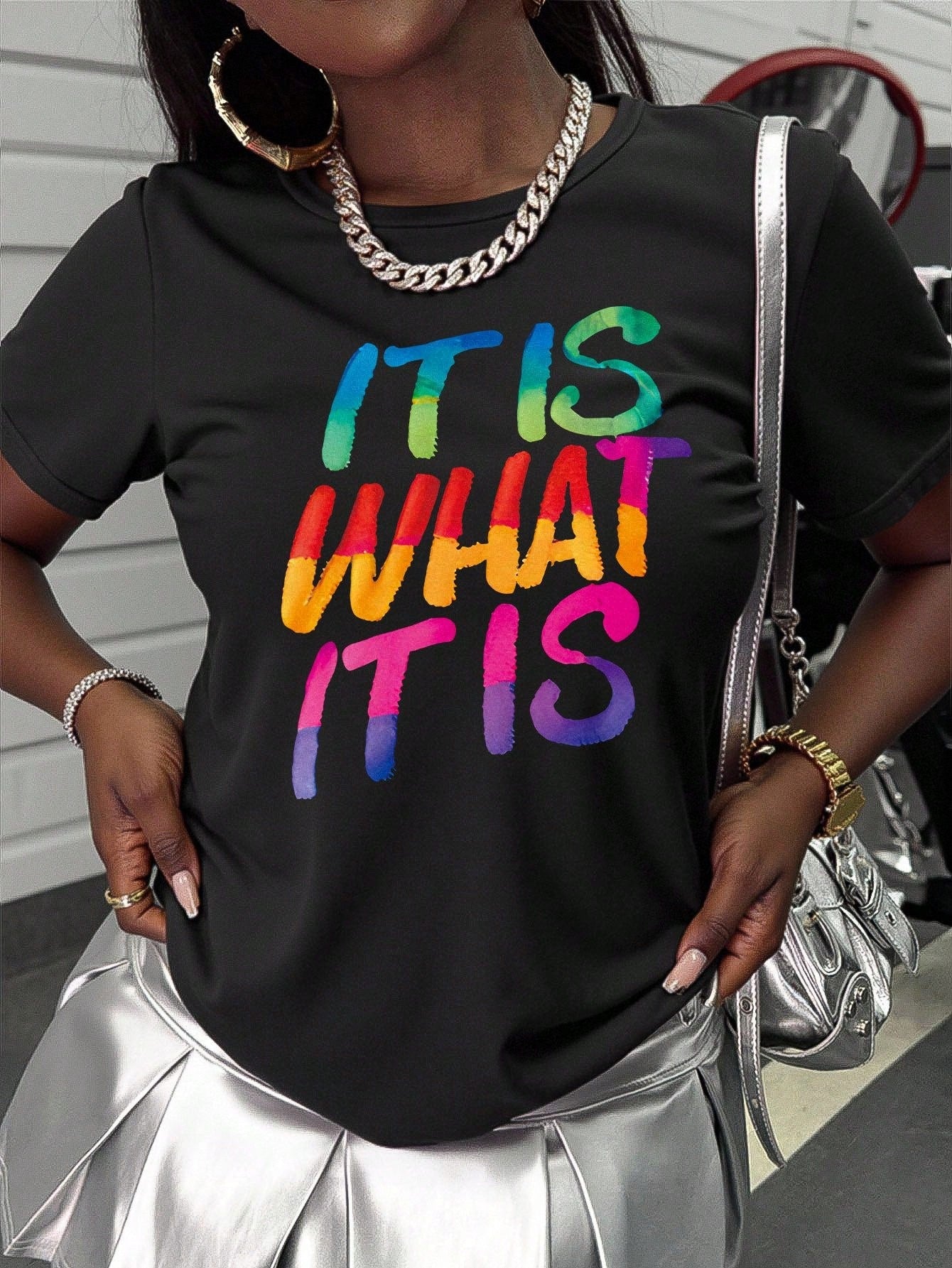 Women's "It Is What It Is" Slogan T-Shirt, Colorful Letter Casual Round Neck Short Sleeve Tee, Suitable For Daily Wear