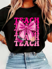 Unisex Teach Coquette Bow Graphic T-Shirt, Cute Teacher Back to School Shirt with Apple and Pencil Design, 100% Cotton Crew Neck Short Sleeve Tee, Gift for Teachers
