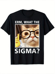 "Uh, What Sigma?" Interesting Cat Pattern T-Shirt Casual Short Sleeved Round Neck T-Shirt