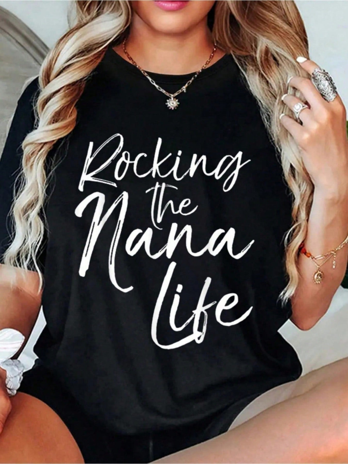 Women's Rocking the Nana Life Graphic T-Shirt, 100% Cotton Funny Nana Quote Crew Neck Short Sleeve Tee, Casual Grandma Gift Shirt for Mother's Day or Birthday