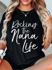 Women's Rocking the Nana Life Graphic T-Shirt, 100% Cotton Funny Nana Quote Crew Neck Short Sleeve Tee, Casual Grandma Gift Shirt for Mother's Day or Birthday