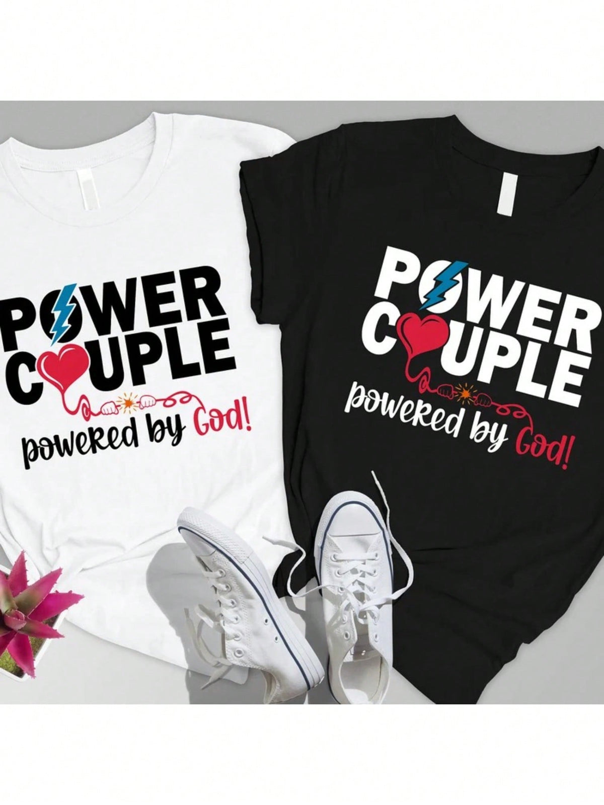 Christian Couple Graphic T-Shirt, Power Couple Powered by God Faith Print Crew Neck Short Sleeve Casual Matching Shirt for Him and Her, Religious Gift