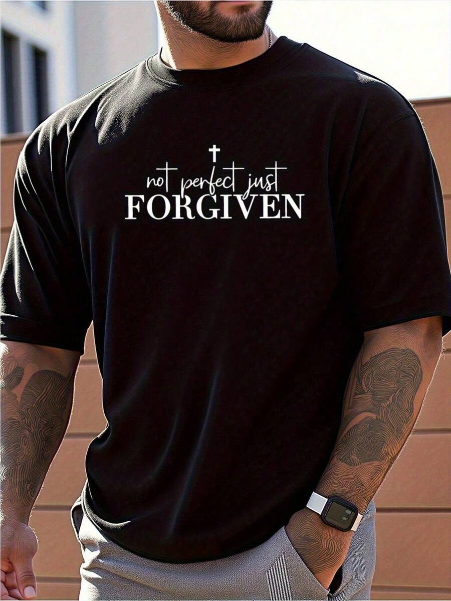 Men's Christian Faith T Shirt, Not Perfect Just Forgiven Graphic Tee, Inspirational Cross Design Shirt, Religious Short Sleeve Cotton Top, Casual Church Wear