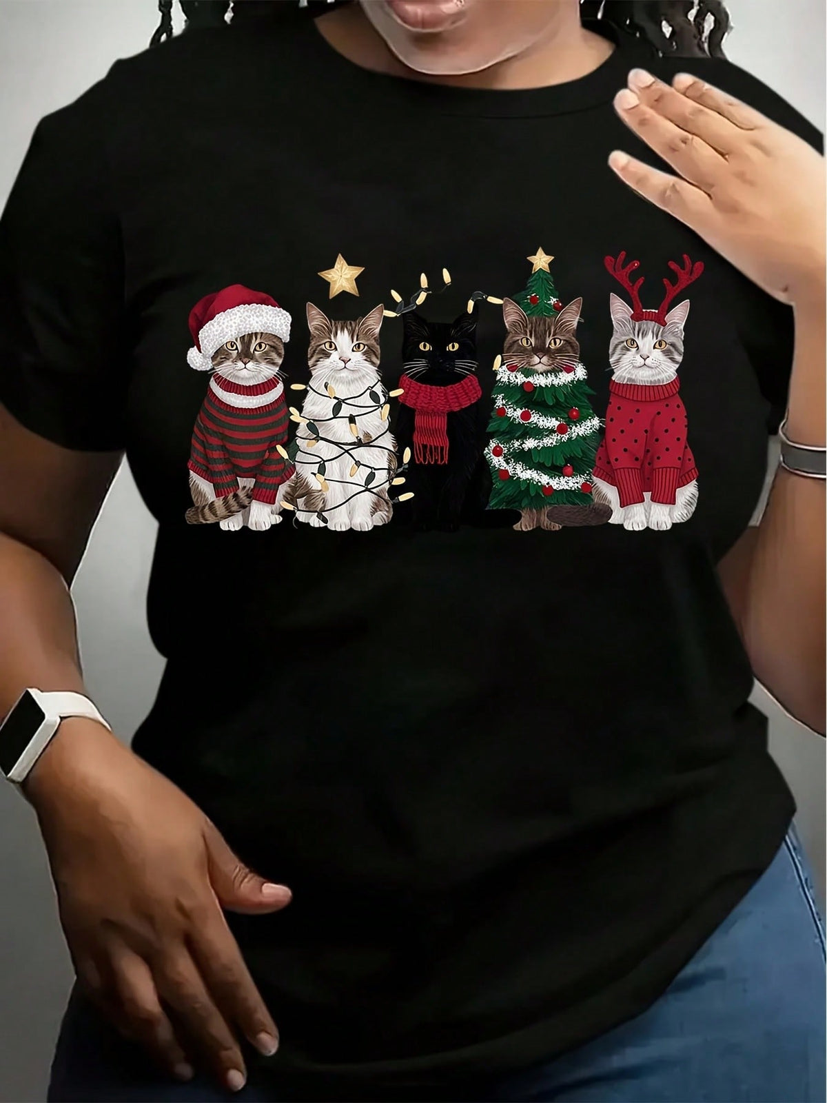 Christmas Cats In Santa Hats And Sweaters Graphic T-Shirt For Women
