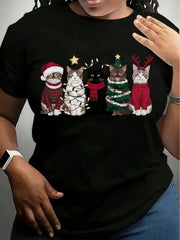 Christmas Cats In Santa Hats And Sweaters Graphic T-Shirt For Women