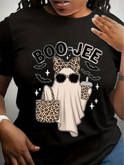 Women’s Boo-Jee Leopard Ghost Graphic T-Shirt, Cute Bougie Ghost With Coffee Bag Bow Sunglasses Print Crew Neck Short Sleeve Tee, Soft Cotton Funny Girly Fall Halloween Casual Top
