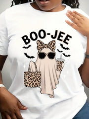 Women’s Boo-Jee Leopard Ghost Graphic T-Shirt, Cute Bougie Ghost With Coffee Bag Bow Sunglasses Print Crew Neck Short Sleeve Tee, Soft Cotton Funny Girly Fall Halloween Casual Top