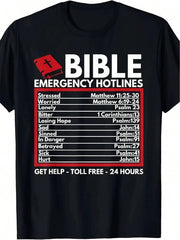 Bible Emergency Hotlines - Funny Christian Bible And Jesus T-Shirt For Men, Black With White & Red Text, 24-Hour Support Design, Casual Crew Neck Tee, Bible Apparel
