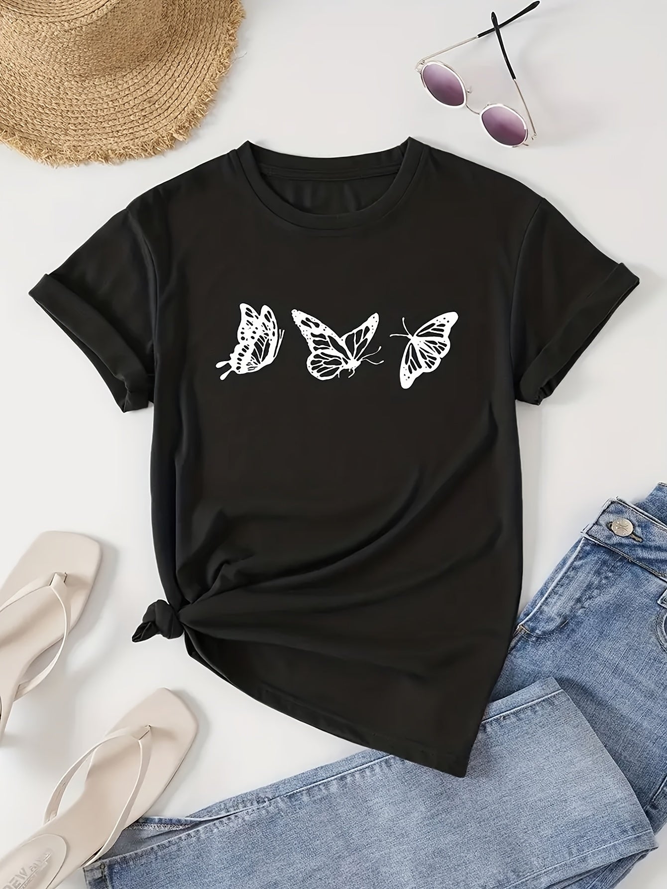 Women'S Casual Short-Sleeve T-Shirt with Butterfly Print And Round Neck for Spring And Summer.