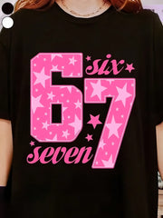 Funny 67 Number Meme T-Shirt Pink & Black Print