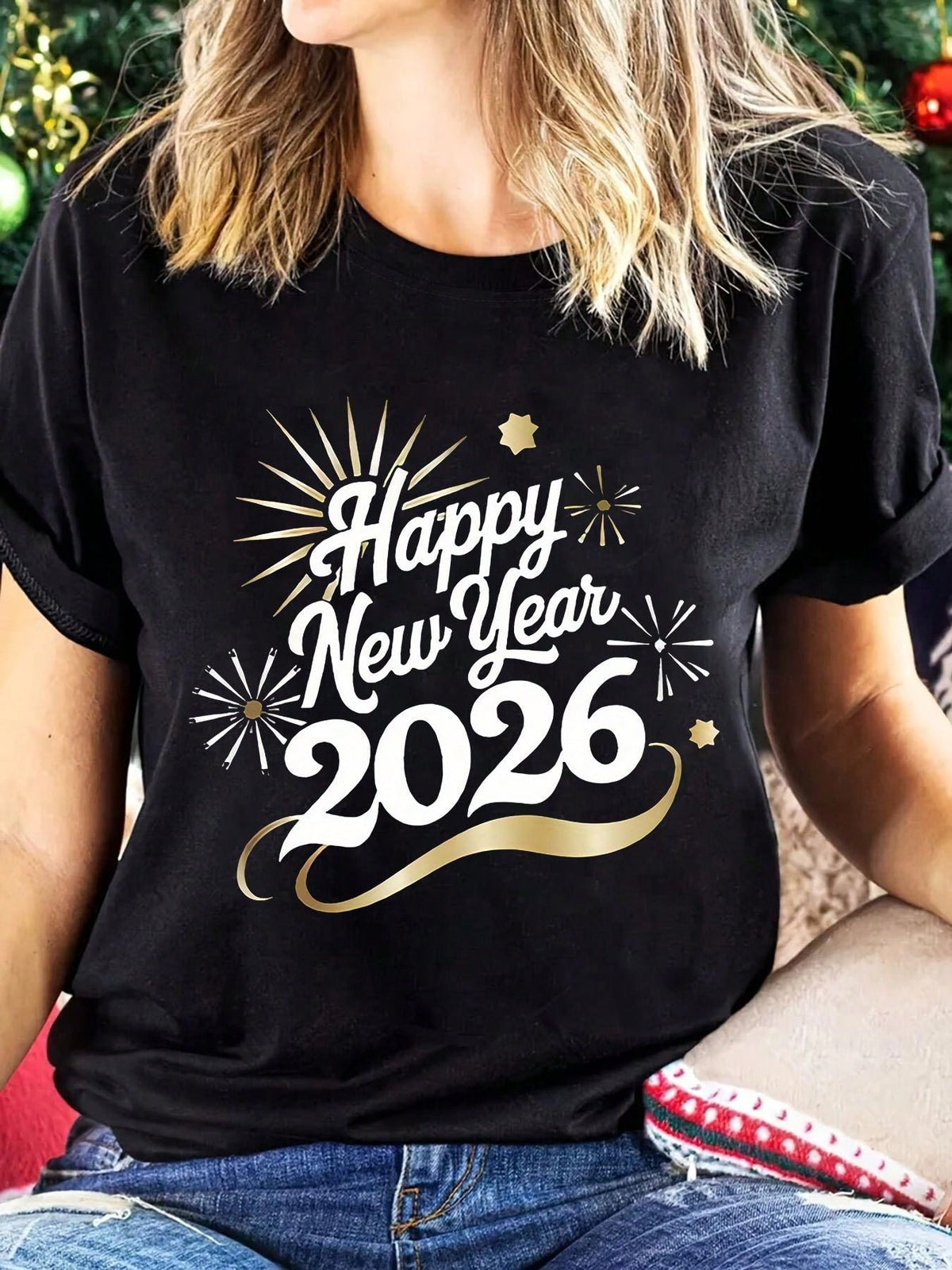 [Holiday Special] New Year 'Happy New Year 2026' Fireworks Text Print Spring Summer T-Shirt