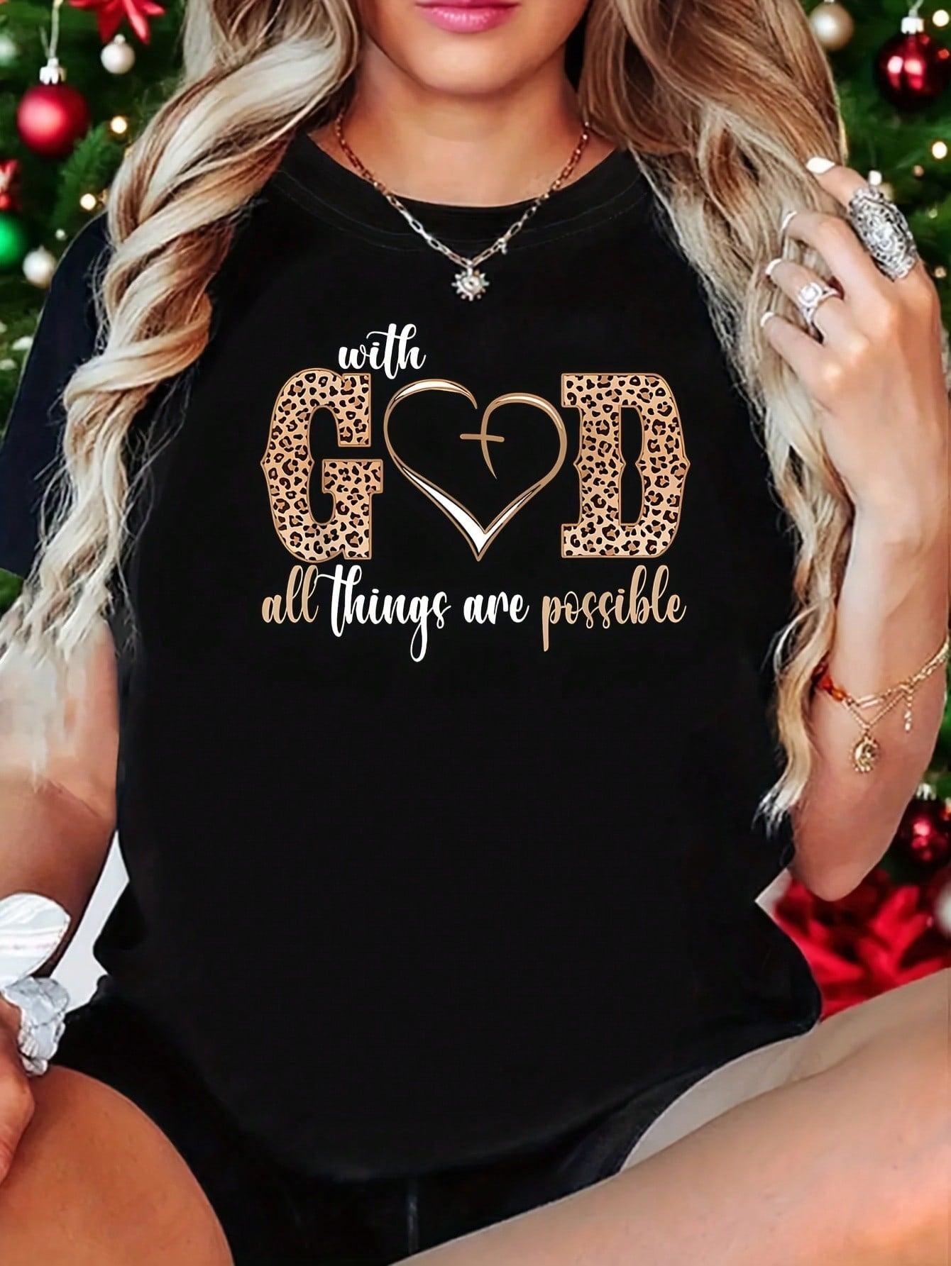 Women's Christian Graphic Tee, With God All Things Are Possible Inspirational Faith Shirt, Heart Cross Print Crew Neck Short Sleeve Casual Top