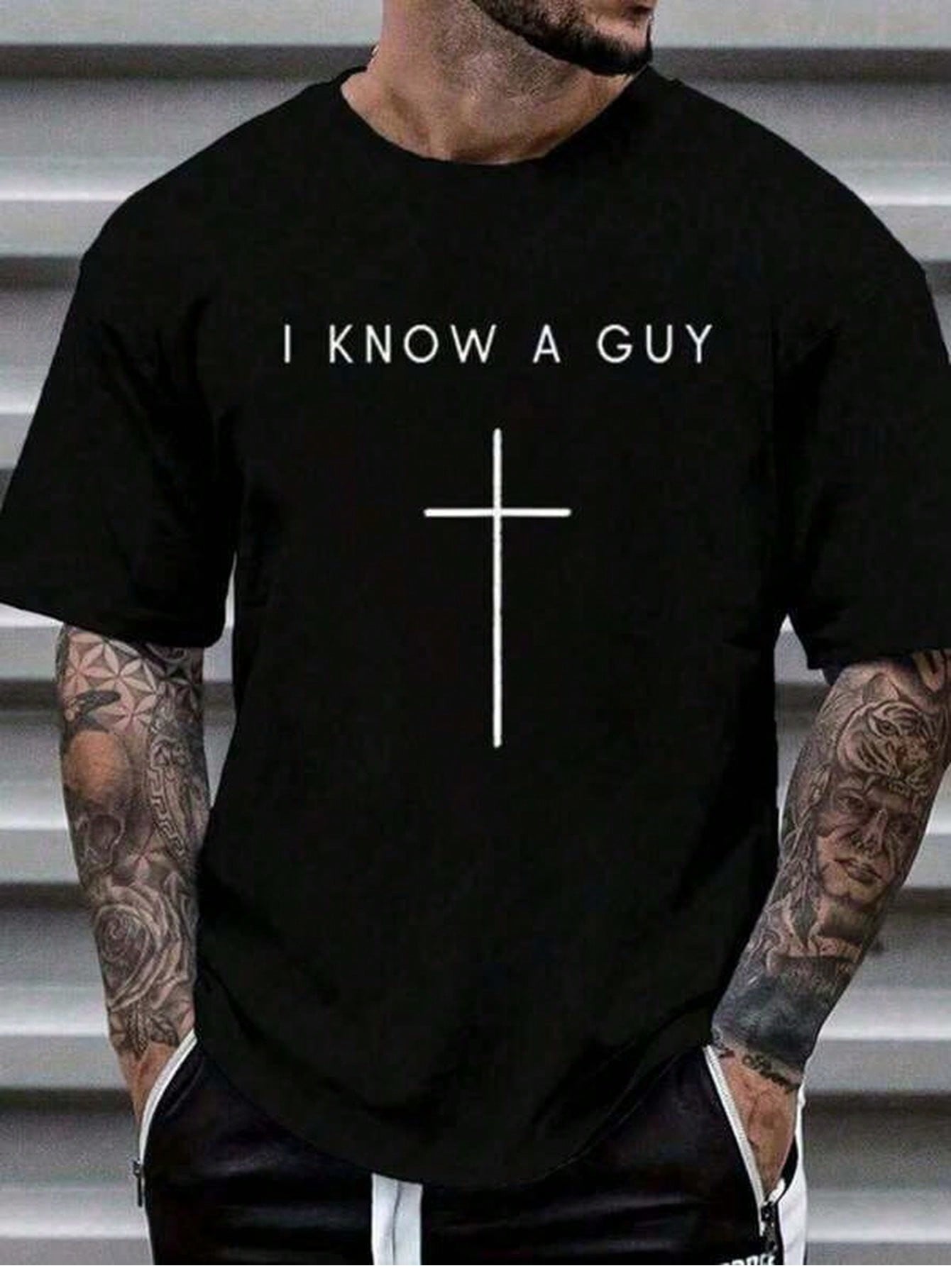 Men's Christian Graphic T-Shirt, I Know A Guy Cross Faith Print, Cotton Crew Neck Short Sleeve Inspirational Tee, Casual Religious Shirt for Everyday Wear