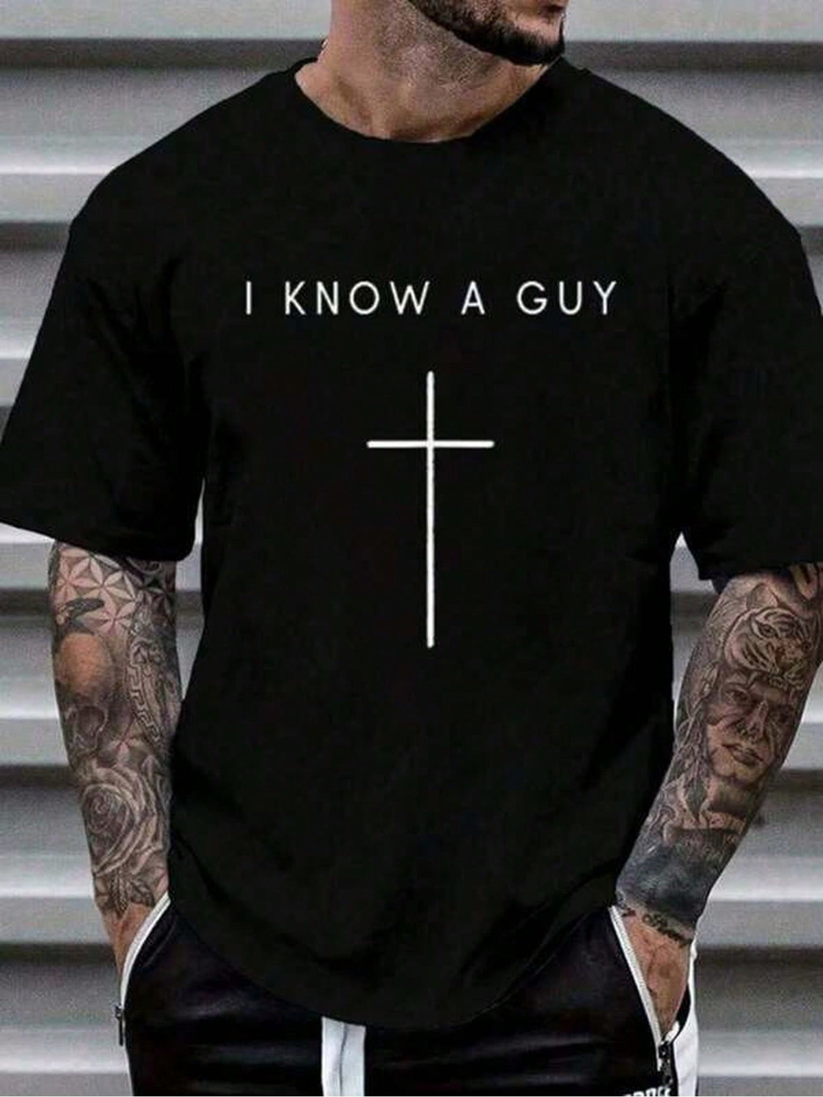 Men's Christian Graphic T-Shirt, I Know A Guy Cross Faith Print, Cotton Crew Neck Short Sleeve Inspirational Tee, Casual Religious Shirt for Everyday Wear