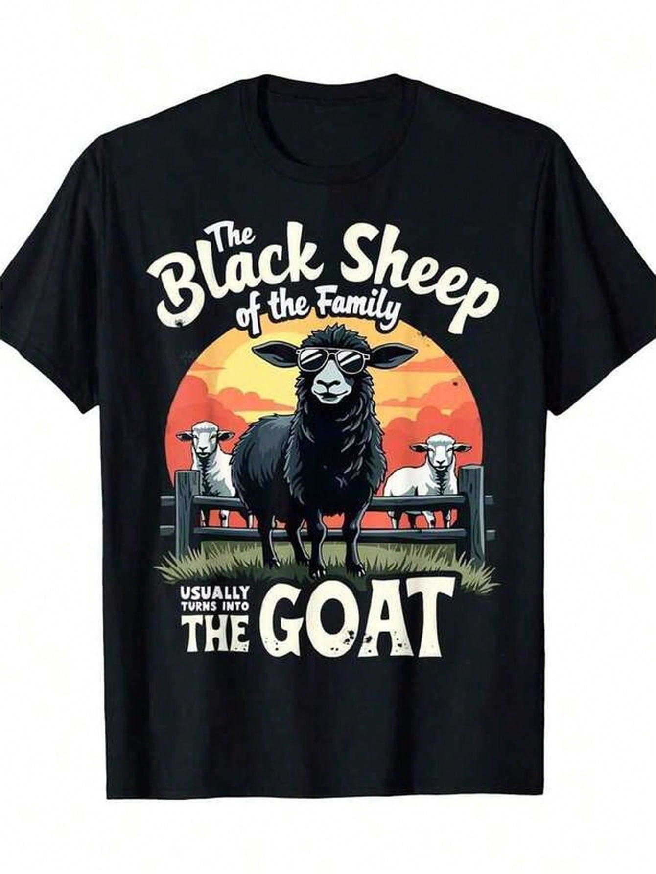 Mens Clothes Sheep Goat Print Black TShirt, Unisex Casual Crew Neck Tshirt, Lightweight, Machine