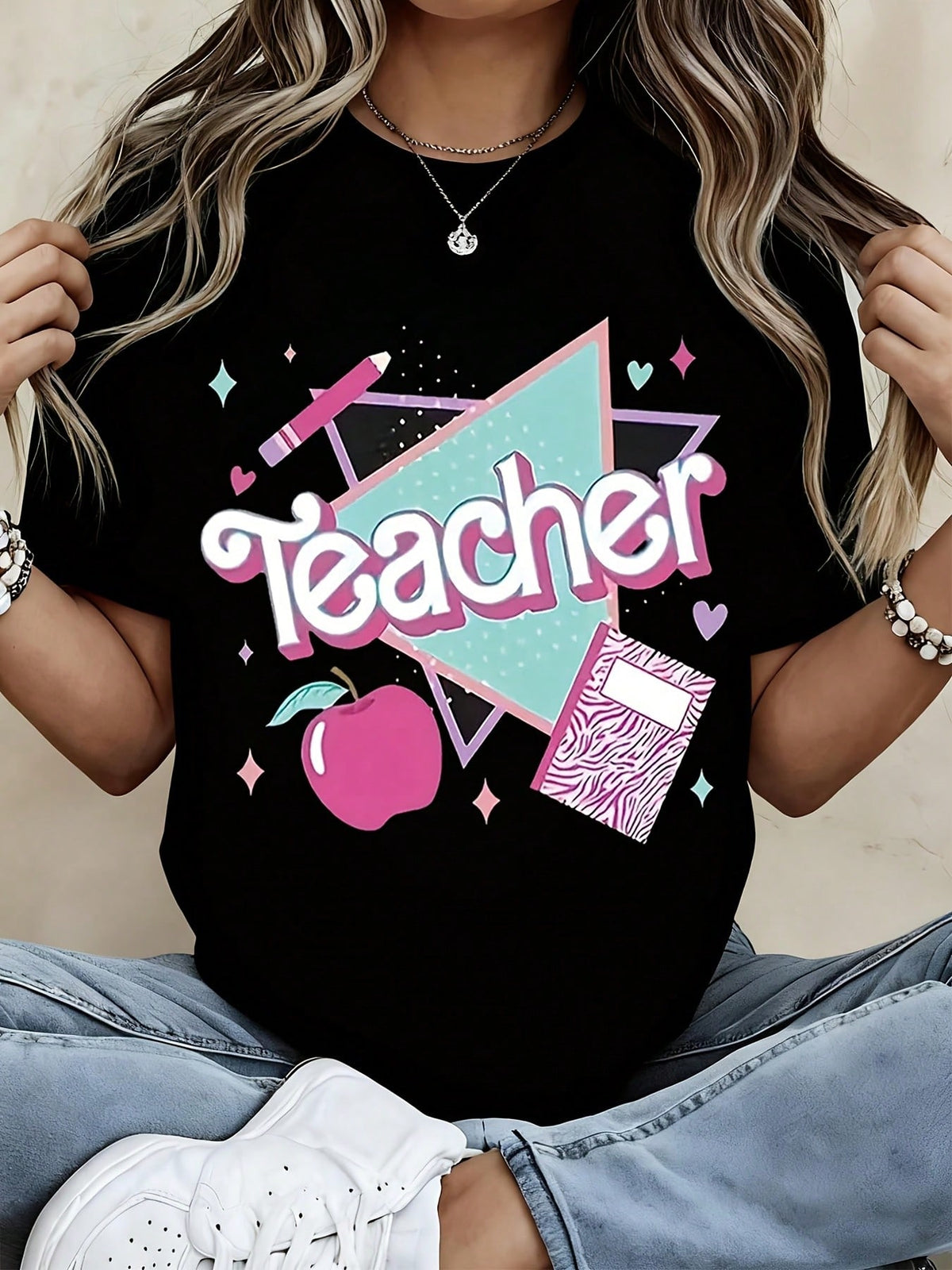 Teacher T Shirt White Teacher Text Apple And Notebook Print Casual Wear For Women School And Daily Outfits