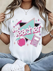 Teacher T Shirt White Teacher Text Apple And Notebook Print Casual Wear For Women School And Daily Outfits
