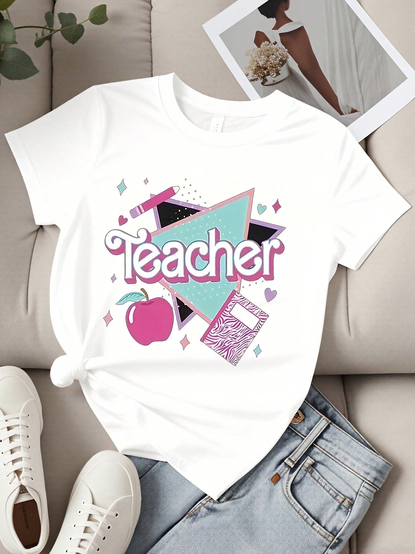 Teacher T Shirt White Teacher Text Apple And Notebook Print Casual Wear For Women School And Daily Outfits