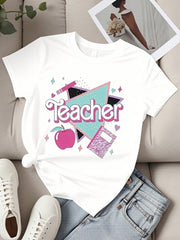 Teacher T Shirt White Teacher Text Apple And Notebook Print Casual Wear For Women School And Daily Outfits
